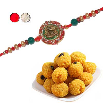 "Zardosi Rakhi - ZR- 5530 A A (Single Rakhi), 500gms of Laddu - Click here to View more details about this Product